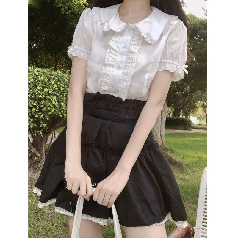 Deeptown Kawaii Блузки в стиле Лолиты, белые женские милые кружевные топы, рубашки с рюшами, винтажные милые топы с пышными рукавами в японском консервативном стиле