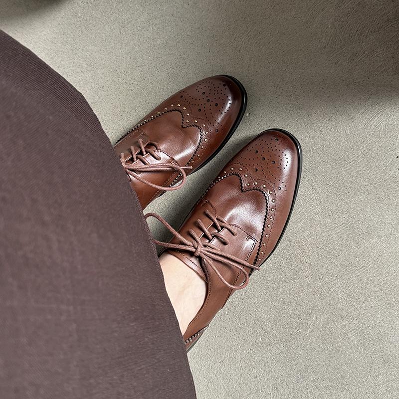 Fashion HOT SALE Spring/Autumn Women Loafers Genuine Leather Shoes for Women Round Toe Low Heel Women Pumps Casual Lace-up Oxford Shoes