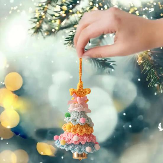 Knitted Christmas Tree Ornaments Mini Crochet Christmas Tree Hanging Pendant with Gold Jingle Bell for Holiday Home Party Decoration