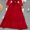 Temperament Robe Femme Maxi Dresses for Women Long Sleeve O-neck Sequin Slim Waist Vintage Pleated Dress 2025 Vestidos De Mujer