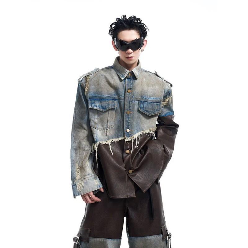 Mens Vintage Distressed Denim Jacket Pants Set Fall Winter Patchwork Casual Outfit