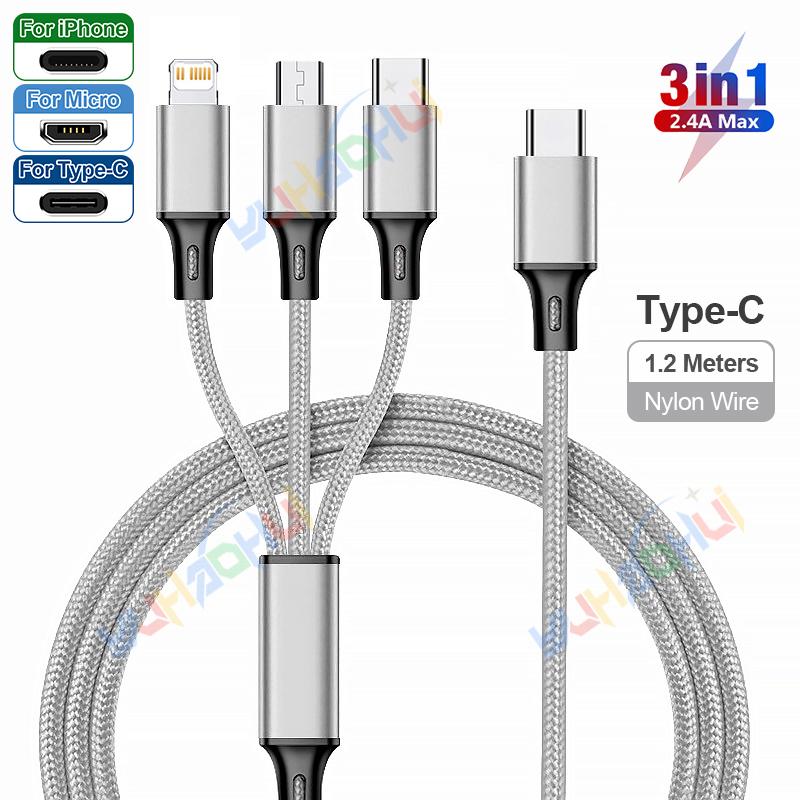 2.4A Макс. 3 в 1 USB-кабель для быстрой зарядки Lightning-кабель для iPhone Type C Кабель для зарядки мобильного телефона для Xiaomi Samsung USB Micro