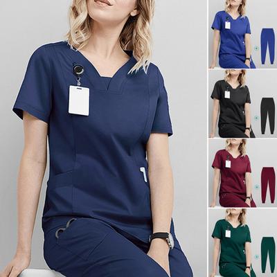 Женская больничная форма из 2 шт./компл., комплект с v-образным вырезом и короткими рукавами, карманами, топы с эластичной резинкой на талии, комплект штанов для бега, костюм
