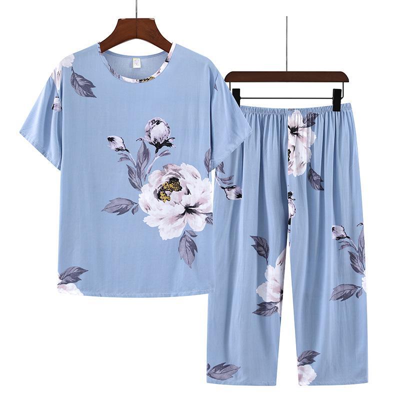 Women's Summer Short-Sleeve Cotton Silk Pajama Set - Lightweight, Two-Piece Loungewear for Outdoor and Indoor Use