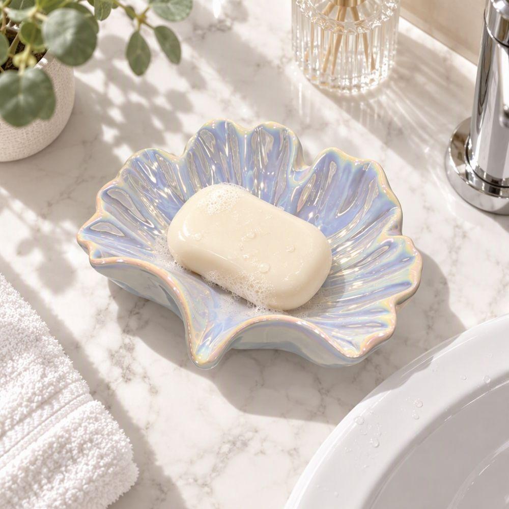Ceramic Shell Soap Holder V-shaped Drainage Soap Organizer Ginkgo Leaf Drain Soap Dish Jewelry