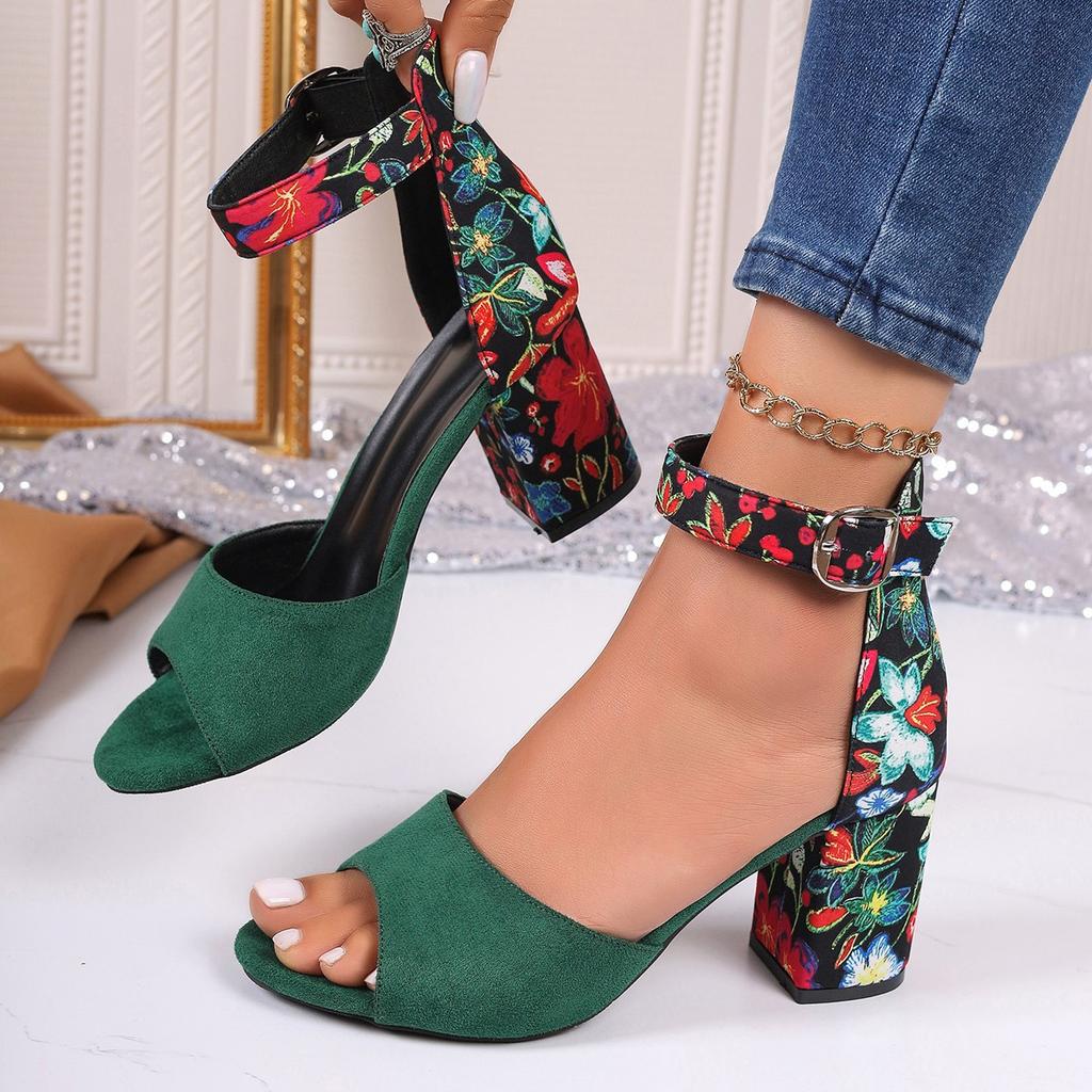 2024 New Women Fish Mouth Shoes Fashion Flower Print Open Sandals Toe High Heels Woman Casual Buckle Ankle Strap Sandalse