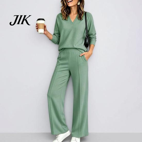 Matching Lounge Set Women Sweatshirt Pants 2-Piece Set, V-Neck Long Sleeve Top & Wide Leg Trousers with Elastic Waist, Solid Color V Neck Pullover