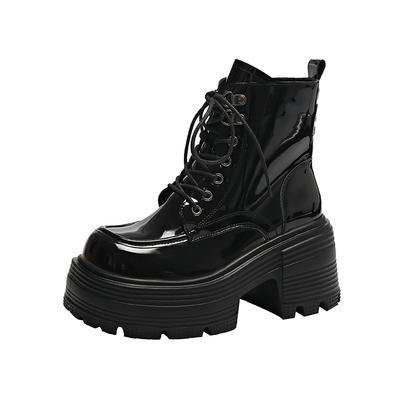 Мода 2025 Новые 9 см Черные Ботильоны Женские Мотоциклетные Ботинки Модная Обувь на Шнуровке Осень Зима Толстый Каблук Женские Короткие Ботильоны