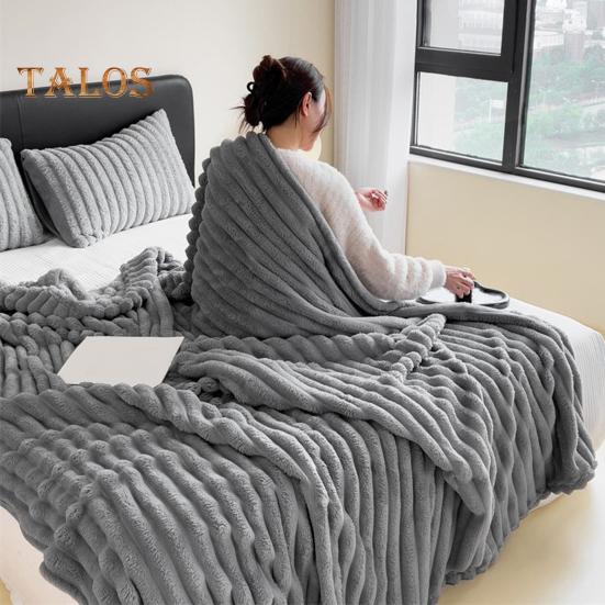 Summer AC Flannel Blanket Thickened Double-sided Plush Striped Texture Solid Color Office Nap Home Bed Sofa Travel Cozy Warm Winter Blanket