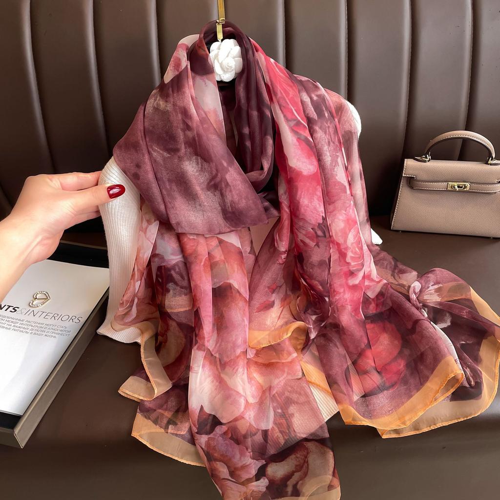 Silk Scarf for Women In Spring Autumn and Winter Middle-aged and Elderly Mothers Warm and Versatile Super Large Scarf Literary Style Travel Scarf