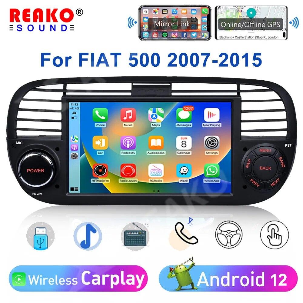 Reakosound 7-дюймовый Android 12 автомобильный радиоприемник для Fiat 500 с GPS-навигацией, управление рулевым колесом, мультимедиа, Carplay BT, WIFI