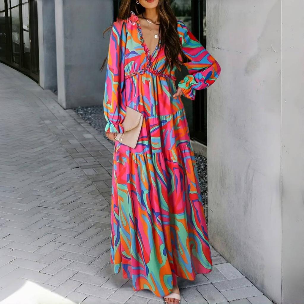 Элегантные Свободные Платья Макси с Принтом Весна Женские V-образный Вырез Пуловер Длинные Рукава Платье Высокая Талия Повседневное Платье Длины до Щиколотки