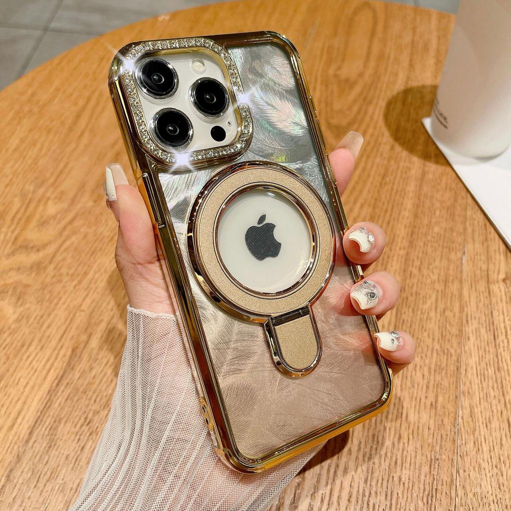 Подходит для чехла для телефона Iphone15, Алмаз для вспышки объектива, Apple 14promax, Градиентное перо, 13 Металлическая подставка, Жесткий чехол