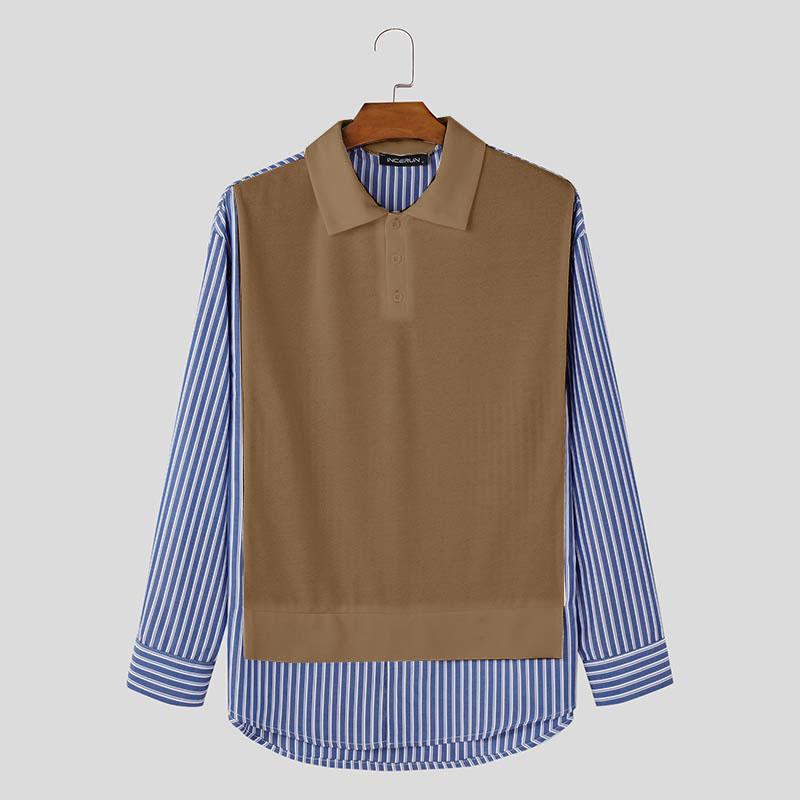 INCERUN Мужские рубашки с длинным рукавом в полоску в стиле пэчворк, повседневные топы