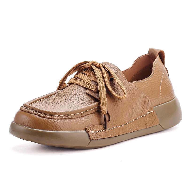 Женские Повседневные Лоферы на Шнуровке Комфортные Мягкая Подошва Ежедневная Обувь для Ходьбы Модные Круглый Носок Плоская Натуральная Кожа Обувь Для Путешествий на Открытом Воздухе