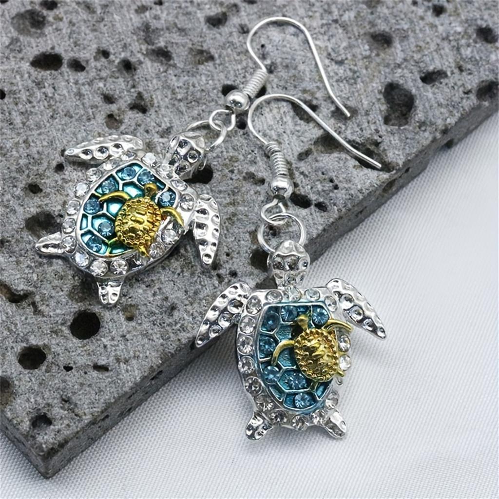 1 Pair Cool Sea Turtle Earrings Jewelry Cute Animal Inlaid Rhinestone Turtle Pendant Jewelry Gift For Women Accessories