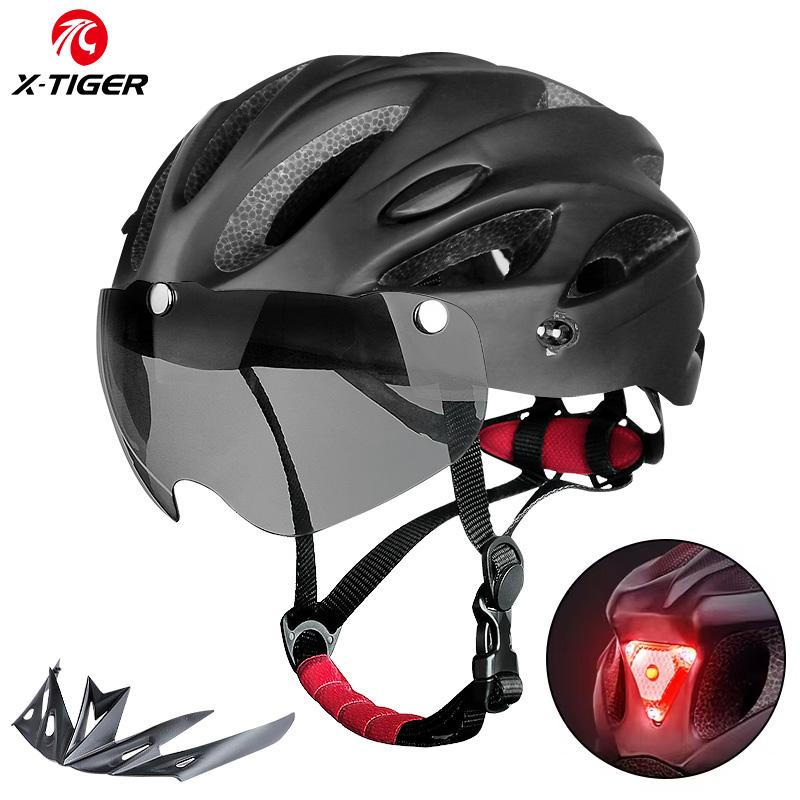 X-TIGER Magnetic Goggles Bicycle Helmet with LED Rear Light Ultralight Cycling Helmet Adult MTB Bike Helmet Fit 58-62cm