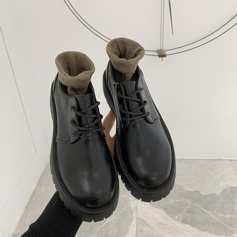 Fashion Leather Boots Women Low-top Ankle Boots Thick Sole British Style Round Toe Casual Student Platform Short Boots Daisy Women Shoes