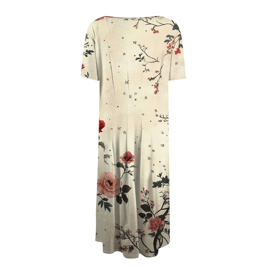 Women's Loose Casual And Fashionable Round Neck Short Sleeved Printed Mid Length Dress