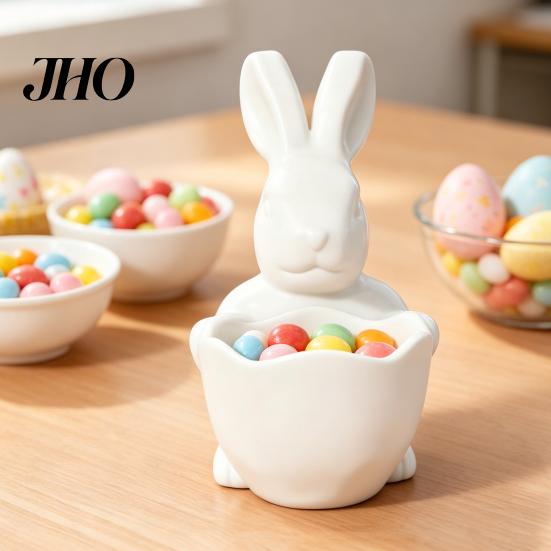 Rabbit Shaped Candy Holder 3D Printed Easter Bunny Bowl, Cute Holding Bowl Figurine, DIY Paintable White Desk Animal Dish Decor for Living Room