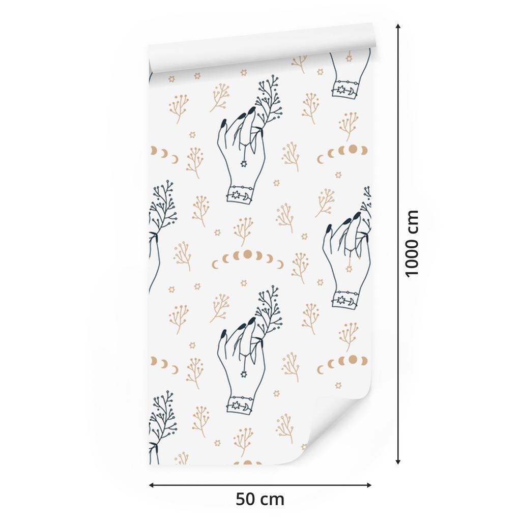 Mystical Hands Wallpaper, White and Light Gray, for Living Room and Bedroom, 50x1000