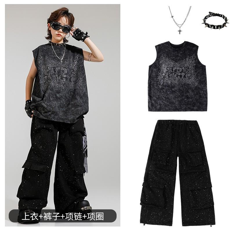 Kids Hip Hop Performance Outfit Set Boys Girls Sleeveless Rhinestone Vest Pants Street Dance Costume