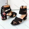 Fashion Comemore Black Embroidered Mid-heel Sandals Women Summer All-match Thick Heel Elegant Retro Open Toe Embroidered Shoes Women