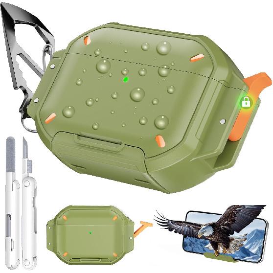 for AirPods Pro 3 Case with Lock & Carabiner, [IP68 Waterproof] [Military-Grade Protection] Full Body Shockproof Case with Phone Stand for AirPods