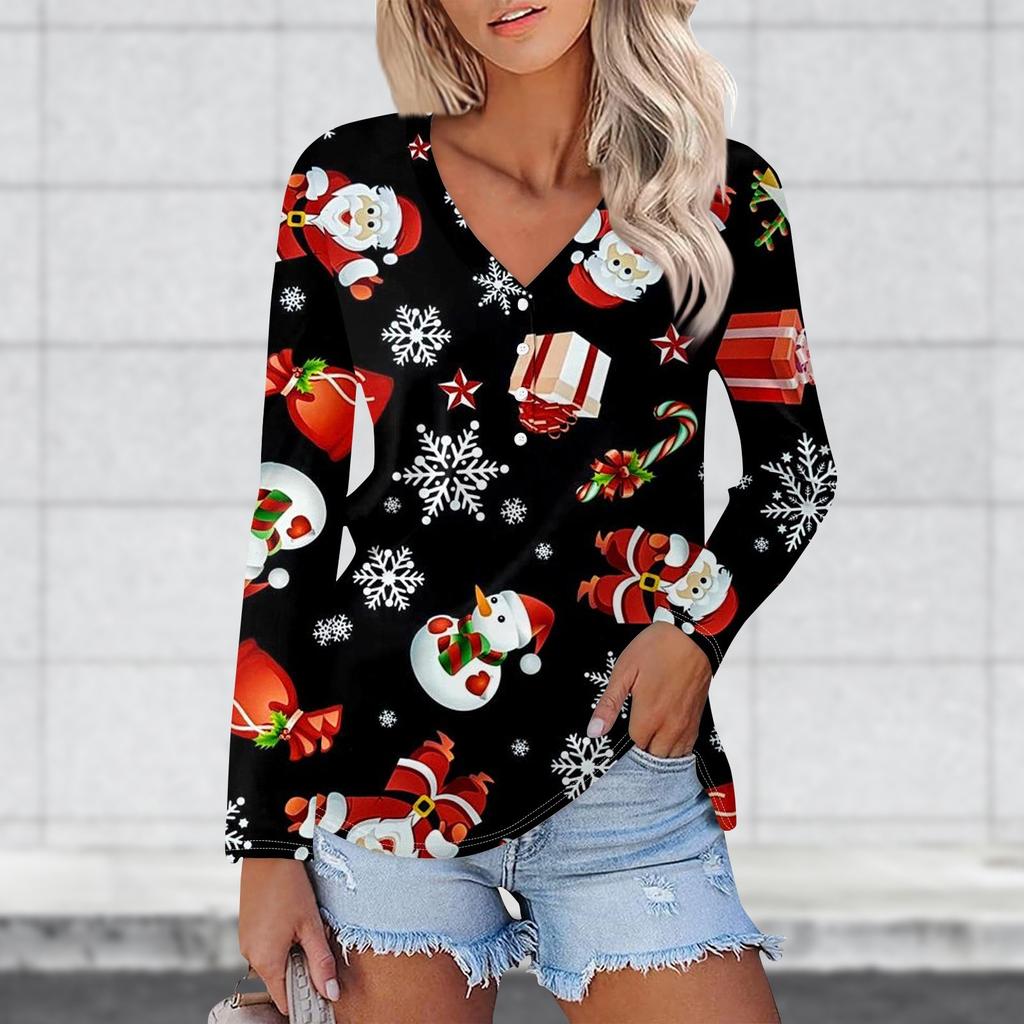 Women's Casual Fashion Sexy Comfort Christmas Prints V-Neck Button Long Sleeve T-Shirt Top