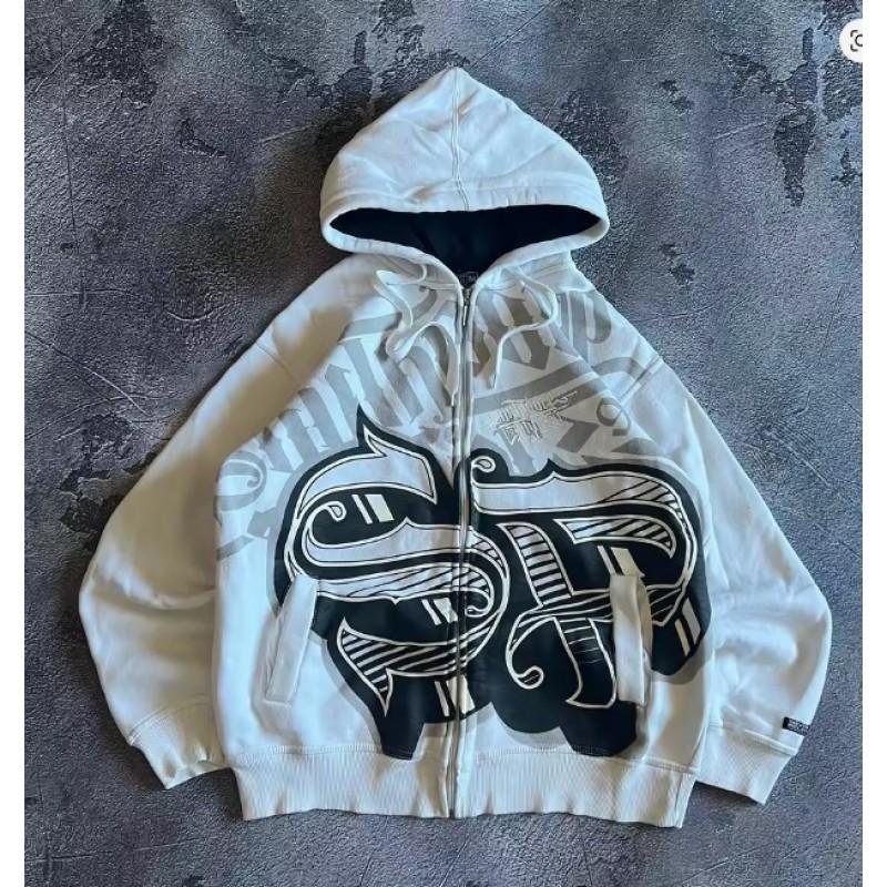 Skeleton Zip Hoodie 90s Retro Print Up Sweatshirt Jacket American Streetwear