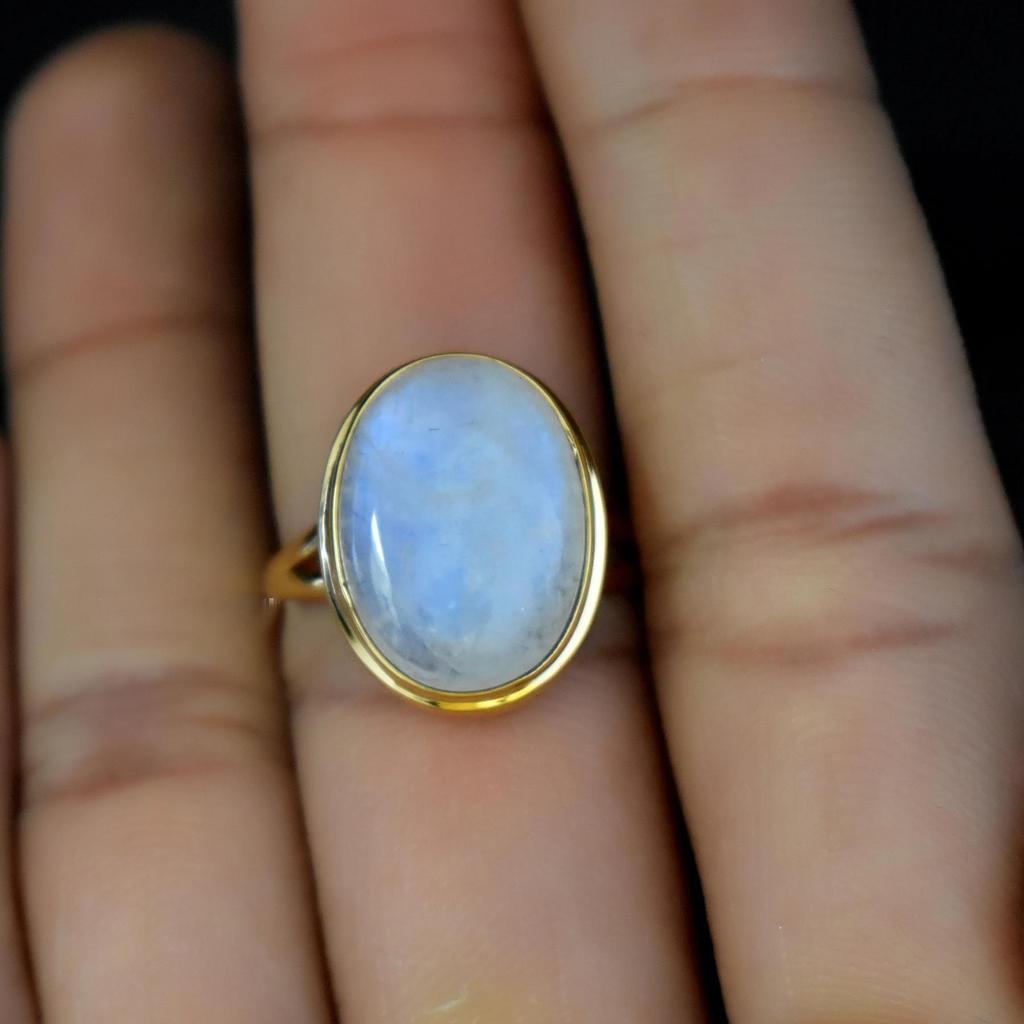 Натуральный голубой радужный лунный камень серебро 925 пробы покрытие желтым золотом кольцо ювелирное изделие