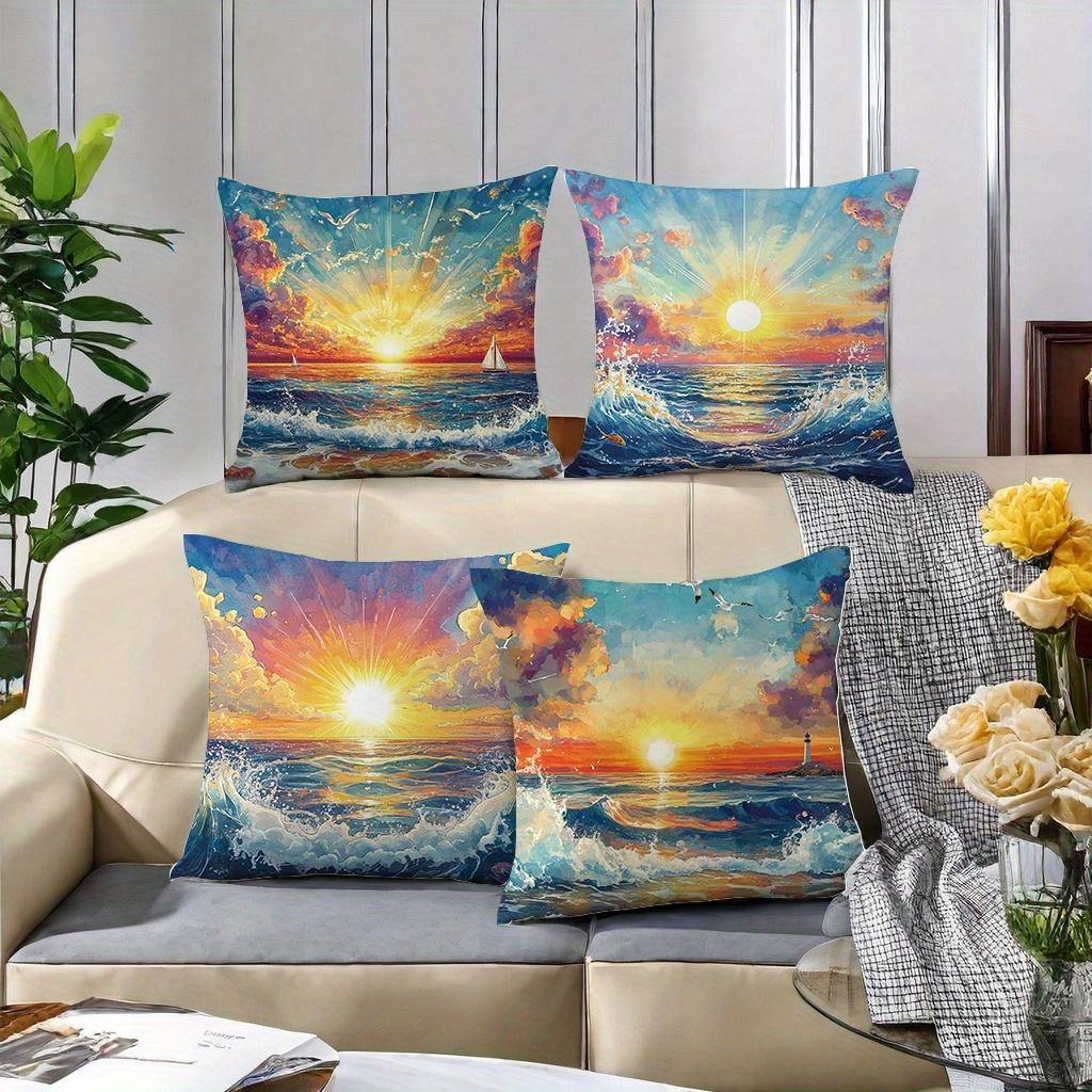 4Pcs Ocean Sunset Style Single-Sided Printing Short Plush Suitable For Living Rooms Bedrooms Sofas (Excluding Pillow Cores)