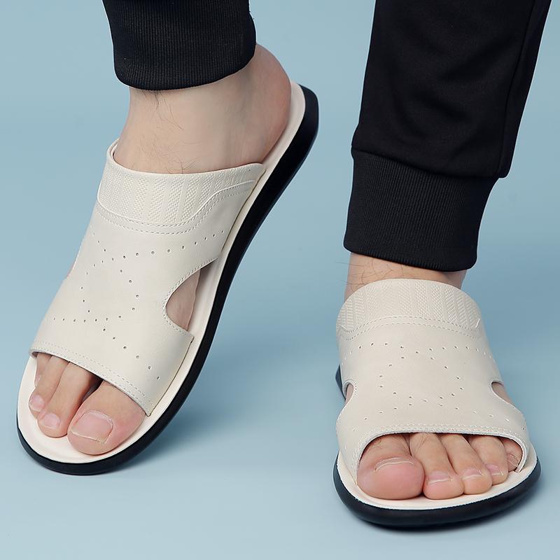 Модные мужские роскошные кожаные тапочки Нескользящая подошва Удобные шлепанцы с открытым носком Домашние тапочки для отеля Легкие летние тапочки