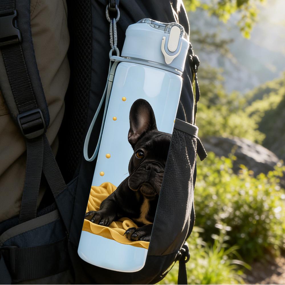1PC Black French Bulldog Bust 750ml Color Plastic Sports Water Bottle Leakproof Flip Straw Lid For Sports Office Home Use