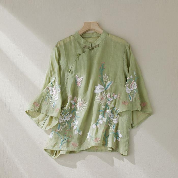 Ретро Рубашка для Женщин Летом Новое Поступление Китайский Стиль Косая Планка Пуговицы Круглый Вырез Рубашка Топ