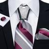 Formal White Necktie Set for Men Silver Ring Striped Silk Woven Ties Hanky Cufflinks for Wedding