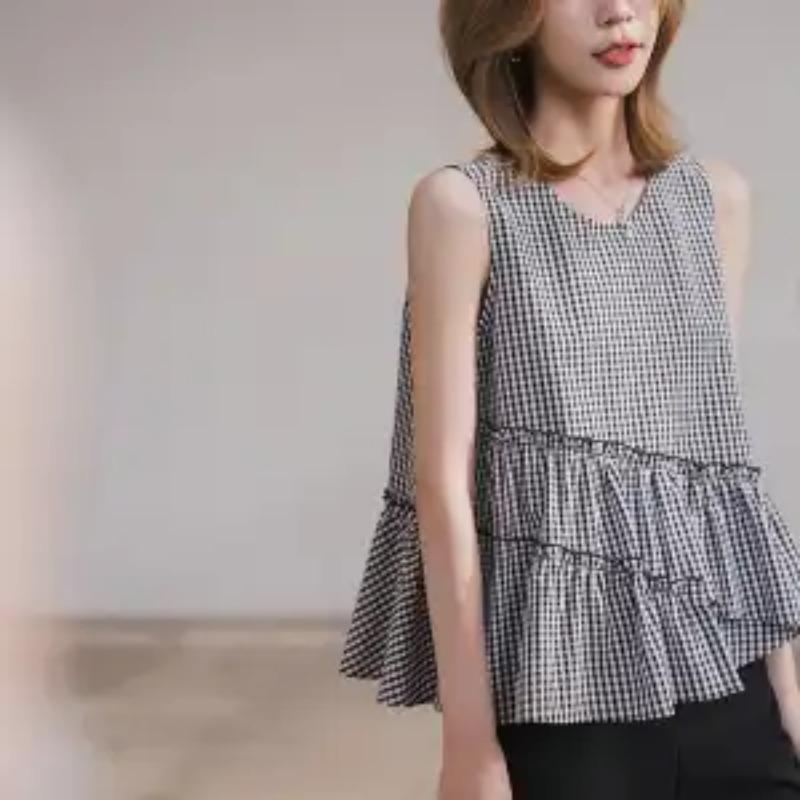Women's Black and White Gingham Sleeveless Blouse Asymmetric Ruffle Hem Casual Top