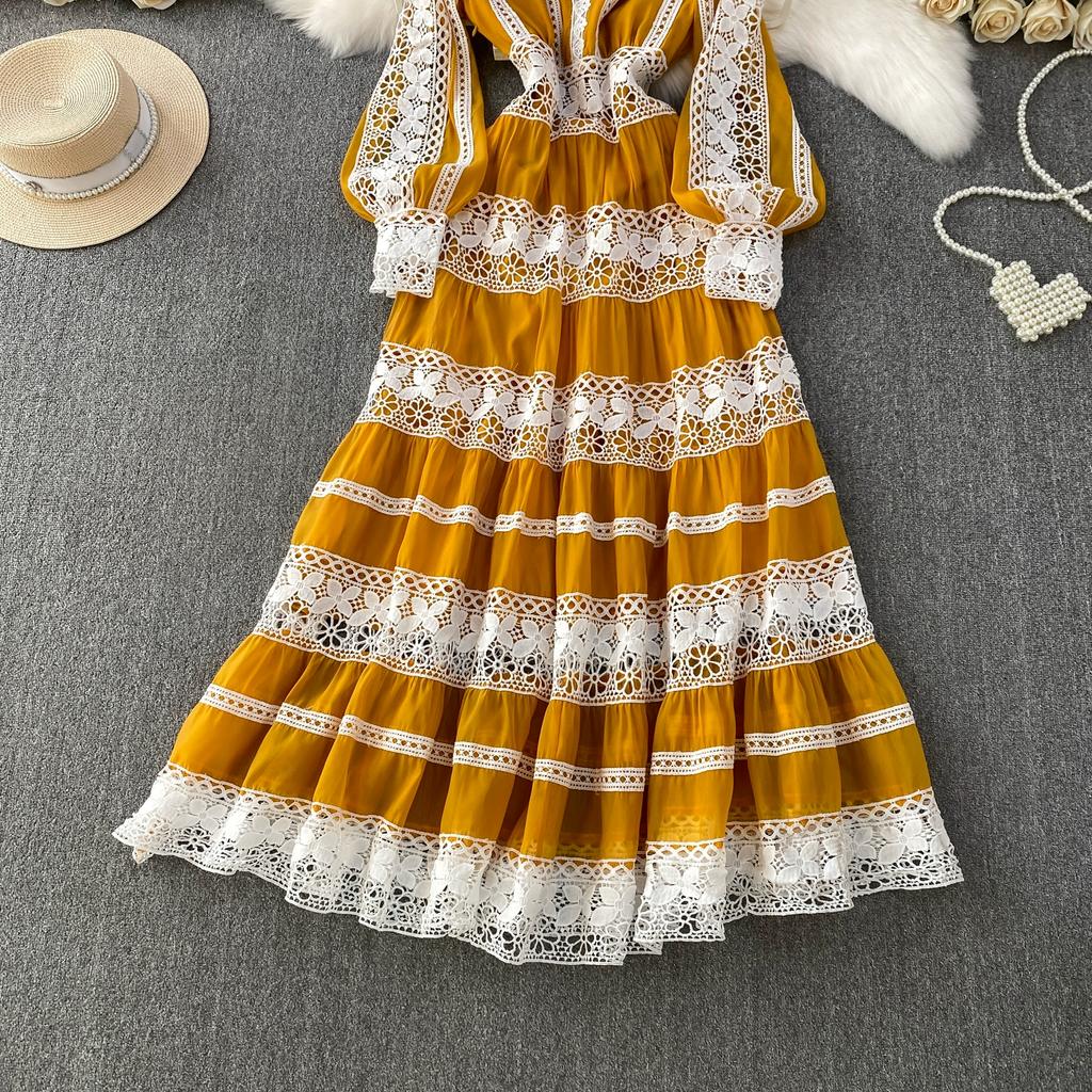 Роскошные Дизайнерские Осенние Вечерние Платья для Выпускного с Ажурной Вышивкой для Женщин, Кружевной Пэчворк, V-образный Вырез, Длинный Рукав-фонарик, Макси-платье