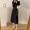 Autumn Winter Long Sleeve Party Dress Women Button Knitted Mid-calf Half High Collar Elegant Knitted Sweater Dresses Ladies