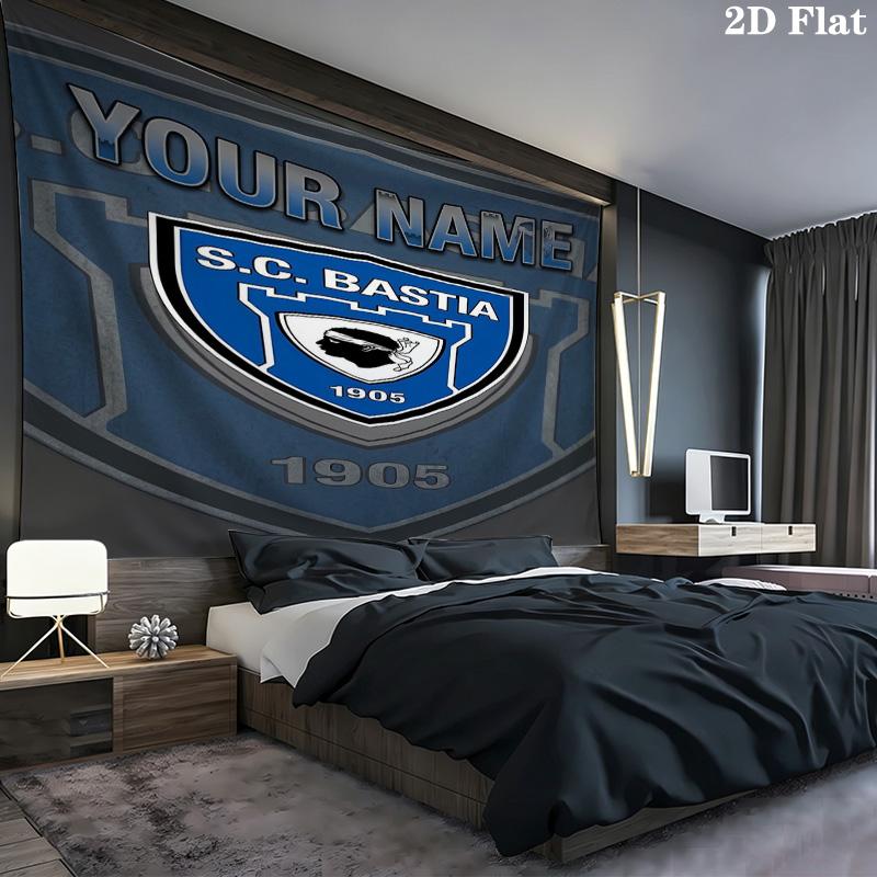 Bastia Crest Blue Custom Name Wall Tapestry Aesthetic Wall Hanging Printed Fabric Blanket Decorative Tapestries For Bedroom Living Room Home Decor