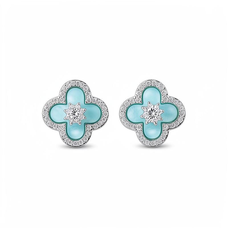 Blue Floral Zircon Clover Pendant Necklace Set Women Minimalist Daily Wear Tone Chain