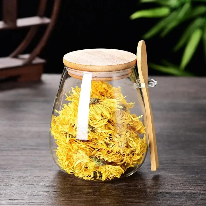 Transparent Glass Tea Jar with Lid Spoon Sealed Food Storage Containers Glass Jar Grains and Sugars Tea Can Sealed Storage Jars