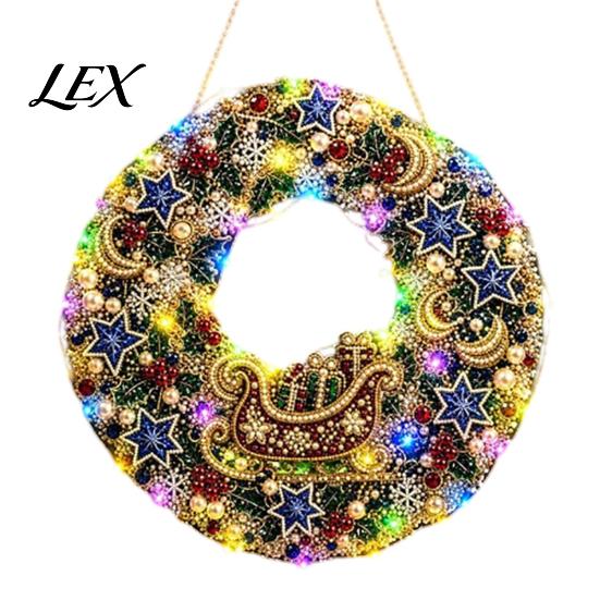 Handmade Christmas Decoration DIY Acrylic Faux Pearl Art Hanging Kit, Lighted Wreath 3D Beaded Craft Festive Mantelpiece Ornament Kit with LED String