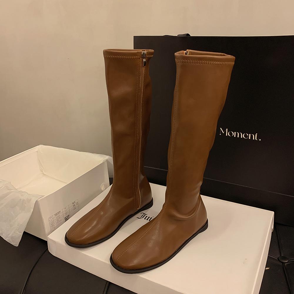 Красивые тонкие, но плоские одинарные сапоги рыцарские сапоги универсальные корейские высокие сапоги женские белые круглые тонкие длинные