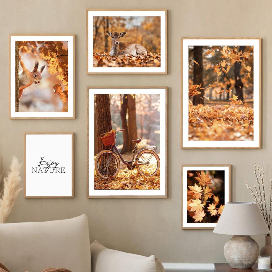 Осенние опавшие листья, клен, олень, велосипед, камера, осенние постеры и принты, настенная живопись на холсте для гостиной, украшение дома