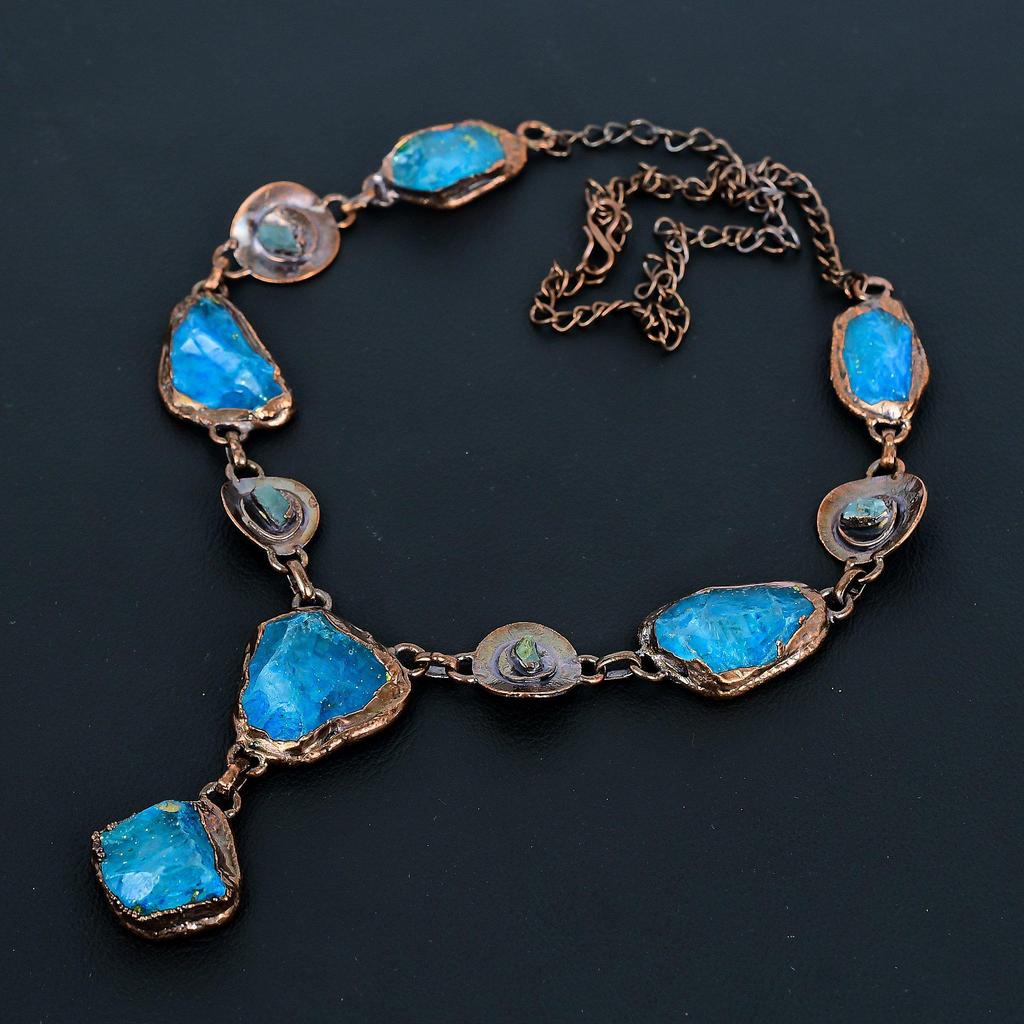 Neon Blue Apatite & Peridot Handmade Gemstone Necklace, Copper Electroformed Necklace Antique Jewelry, Adjustable Necklace Engagement Gift