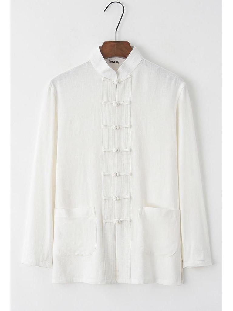 Мужской хлопково-льняной костюм Тан с длинным рукавом: Ретро китайский стиль, свободный крой для среднего и пожилого возраста, идеально подходит для тай-чи.