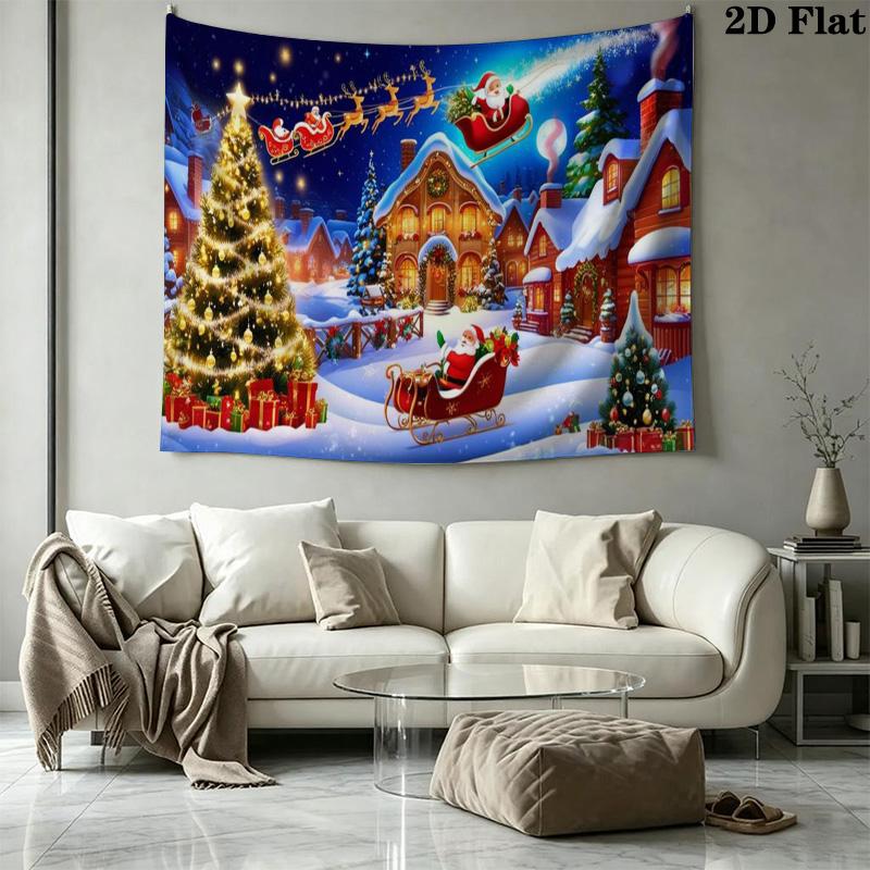 Merry Christmas and Happy New Year Tapestry, Xmas Tree Baubles Gift Box Wall Hanging for Holiday Party Living Room Decor
