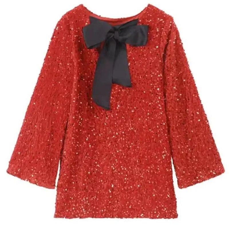 2024 Sexy Backless Sequin Lace Up Bow Fashion Women Dresses Party Club Evening Banquet Robe O-Neck Long Sleeve Dress 30499