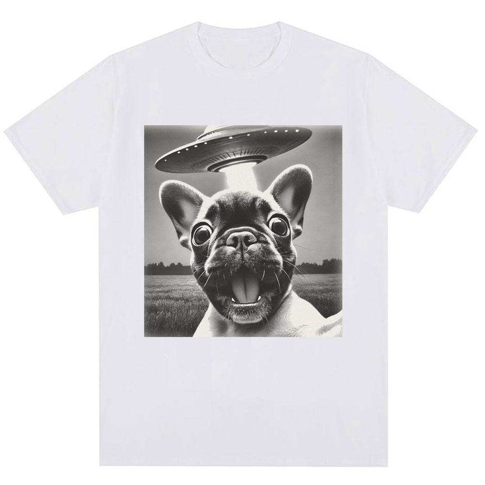 French Bulldog UFO Funny Meme Graphic T-shirt Vintage Fashion Men Women Short Sleeve Oversized Cotton Summer T Shirts Streetwear